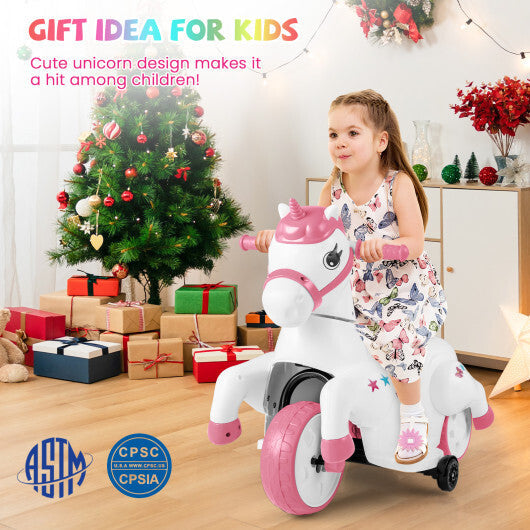 12V Unicorn Ride on Toy with Training Wheels and Horse Riding Mode-Navy W2B