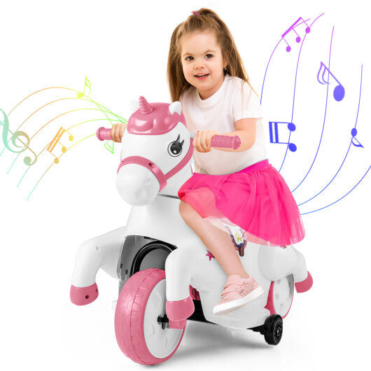 12V Unicorn Ride on Toy with Training Wheels and Horse Riding Mode-Navy W2B