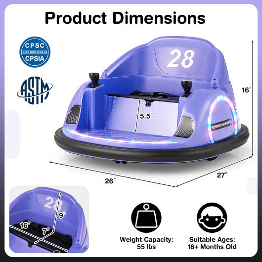 12V 360? Ride on Bumper Car for Toddlers with Remote Control-Purple - Color: Purple W2B