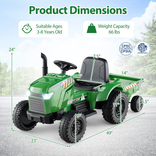 12V 2-in-1 Kids Ride On Tractor with Trailer and 3-Gear Shift-Grayish Green W2B