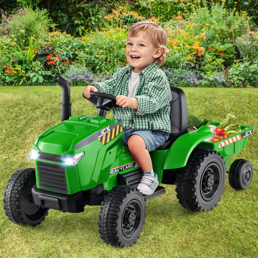 12V 2-in-1 Kids Ride On Tractor with Trailer and 3-Gear Shift-Grayish Green W2B