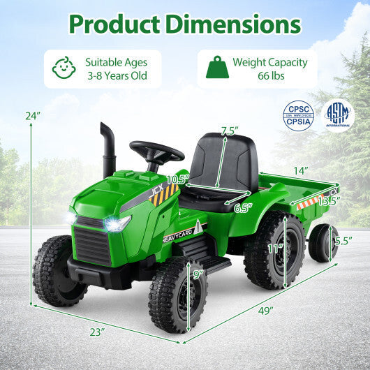 12V 2-in-1 Kids Ride On Tractor with Trailer and 3-Gear Shift-Grayish Green W2B
