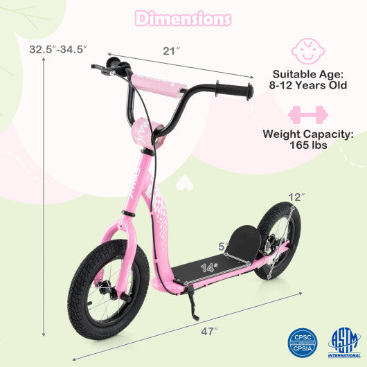 Kids Scooter Youth Kick Scooter with Adjustable Height Handlebar 12-Inch Inflatable Wheels-Pink W2B