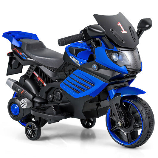 6V Kids Motorcycle with Headlights Music and Detachable Training Wheels-Navy W2B