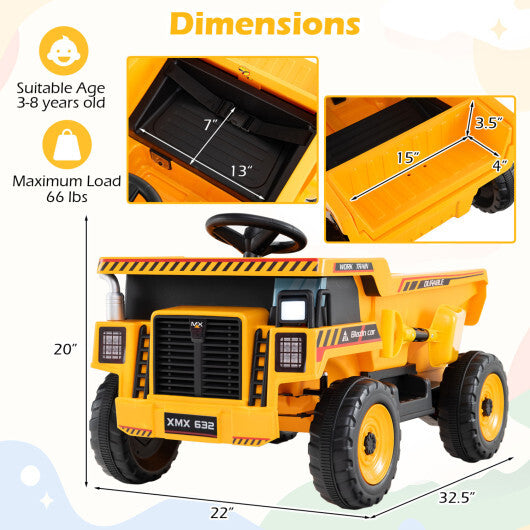 24V Construction Electric Vehicle with Dump Bed and Remote Control for Aged 3-8-Yellow - Color: Yellow W2B