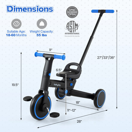 4-in-1 Foldable Toddler Tricycle with Push Handle with Adjustable Seat-Navy