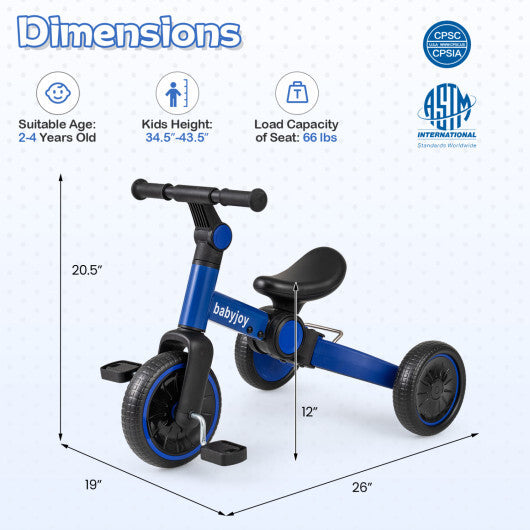5-In-1 Toddler Bike Kids Balance Bike with Removable Pedals-Blue W2B