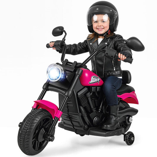 6V Kids Motorcycle with Headlight and Music and Training Wheels-Pink - Color: Pink W2B