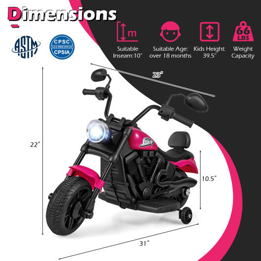 6V Kids Motorcycle with Headlight and Music and Training Wheels-Pink - Color: Pink W2B