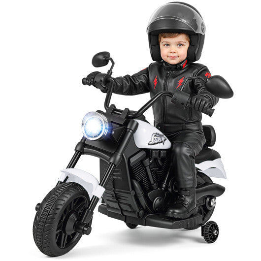 6V Kids Motorcycle with Headlight and Music and Training Wheels-White W2B