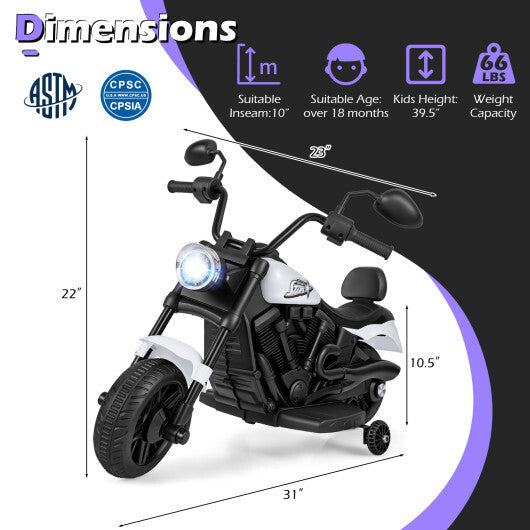 6V Kids Motorcycle with Headlight and Music and Training Wheels-White W2B
