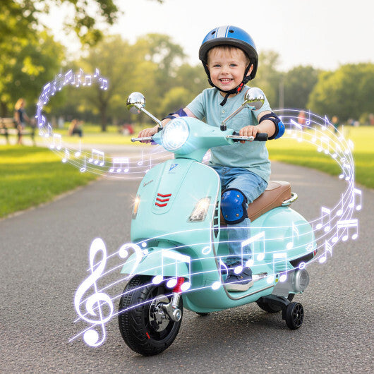 12V Kids Electric Motorcycle Licensed VESPA with Music and Training Wheels-Green W2B
