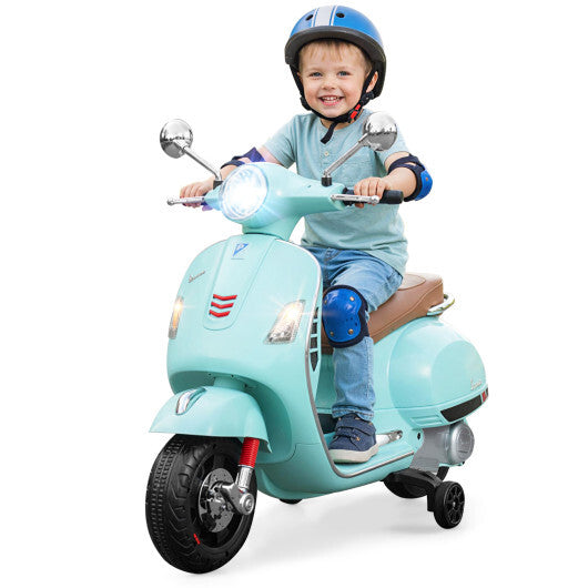 12V Kids Electric Motorcycle Licensed VESPA with Music and Training Wheels-Green W2B