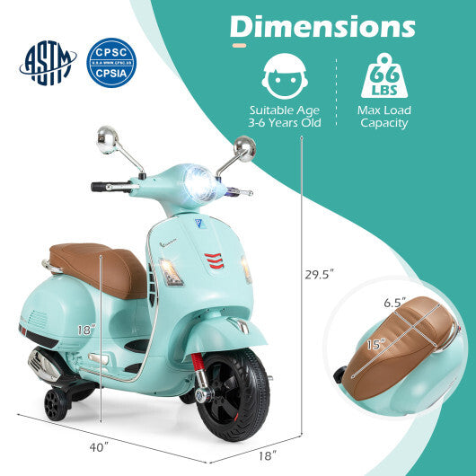 12V Kids Electric Motorcycle Licensed VESPA with Music and Training Wheels-Green W2B