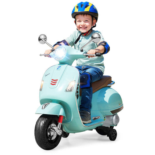 12V Kids Electric Motorcycle Licensed VESPA with Music and Training Wheels-Green W2B