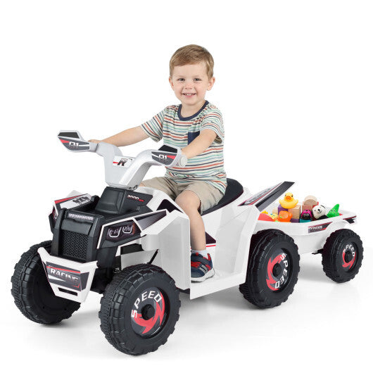6V Kids Electric ATV Quad Car with Detachable Trailer-White W2B
