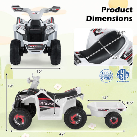 6V Kids Electric ATV Quad Car with Detachable Trailer-White W2B