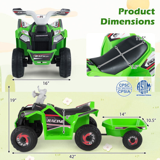 6V Kids Electric ATV Quad Car with Detachable Trailer-White W2B