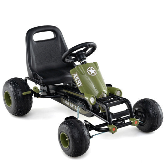Kids Pedal Go Kart with Steering Wheel and Gear Shifter and Handbrake-Green