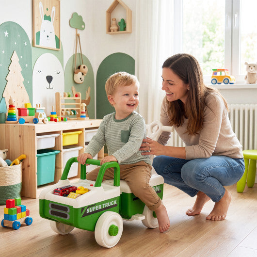 4 in 1 Ride on Push Car with Music and Under-Seat Storage for Boys Girls-Green W2B