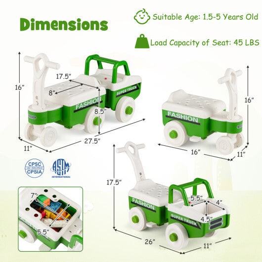 4 in 1 Ride on Push Car with Music and Under-Seat Storage for Boys Girls-Green W2B