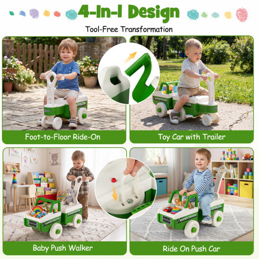 4 in 1 Ride on Push Car with Music and Under-Seat Storage for Boys Girls-Green W2B