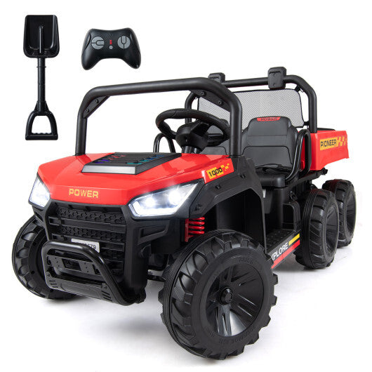 24V 2-Seater Kids Ride on Dump Truck 4WD with Electric Dump Bed and Lights-Red - Color: Red W2B