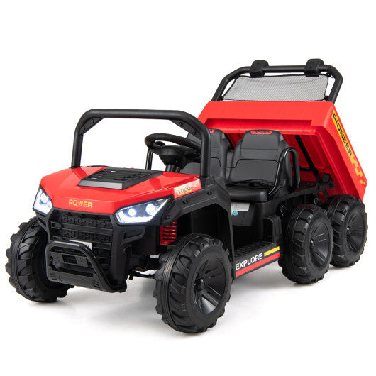24V 2-Seater Kids Ride on Dump Truck 4WD with Electric Dump Bed and Lights-Red - Color: Red W2B