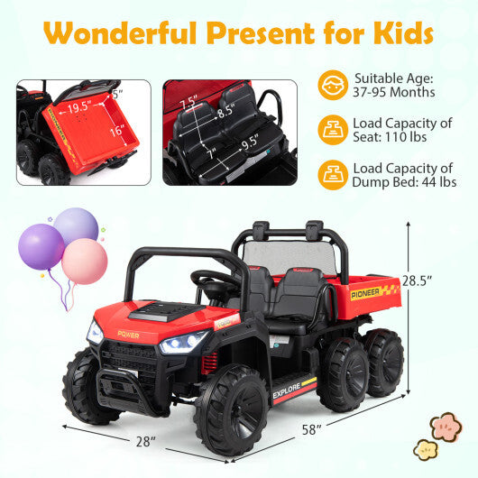 24V 2-Seater Kids Ride on Dump Truck 4WD with Electric Dump Bed and Lights-Red - Color: Red W2B