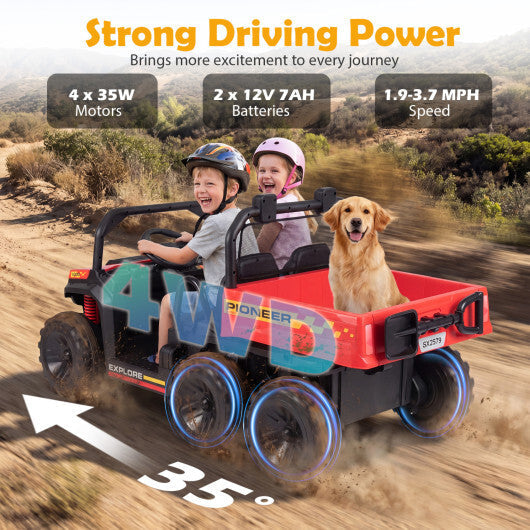 24V 2-Seater Kids Ride on Dump Truck 4WD with Electric Dump Bed and Lights-Red - Color: Red W2B
