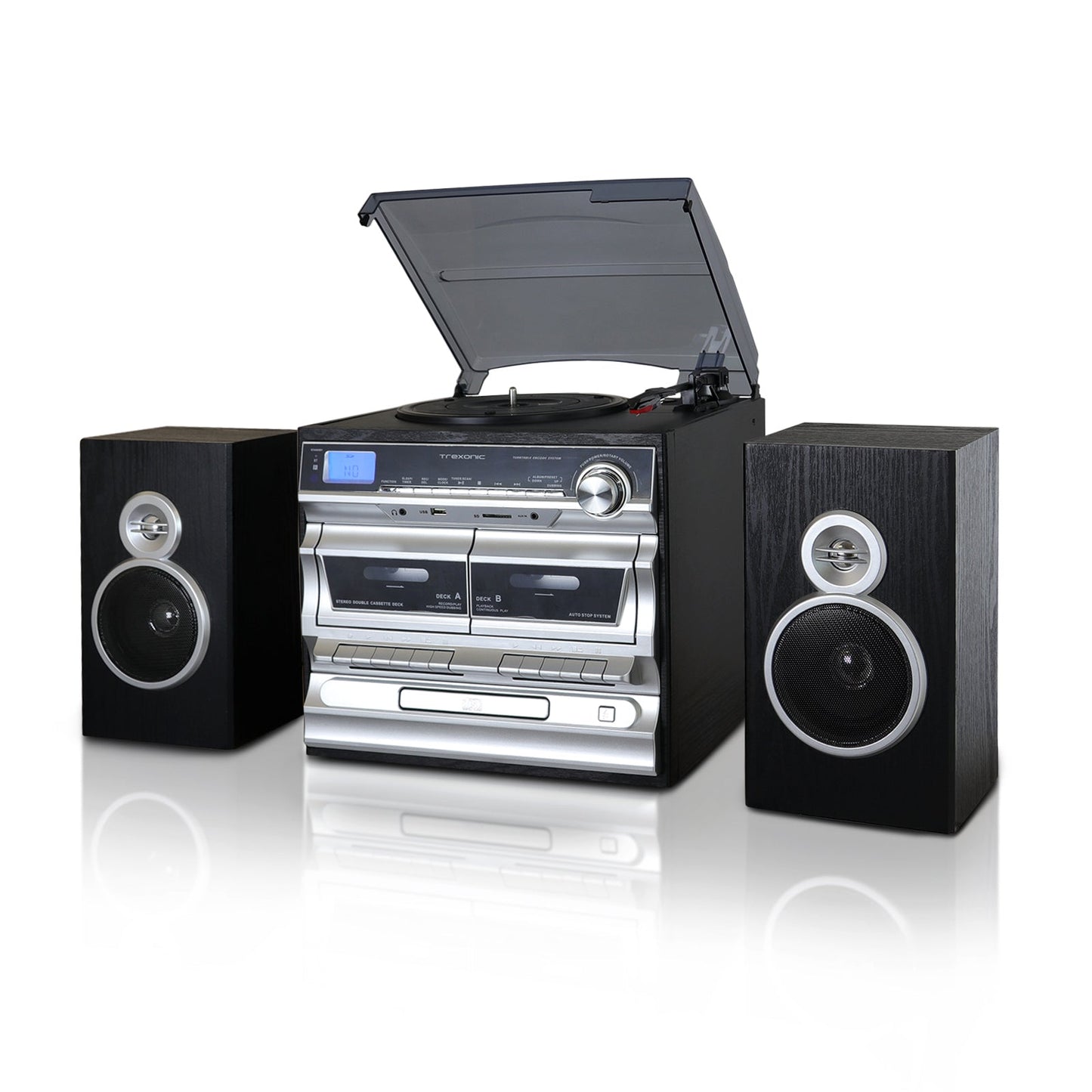 Trexonic 3-Speed Vinyl Turntable  Home Stereo System with CD Player, Double Cassette Player, Bluetooth, FM Radio & USB/SD Recording W2B