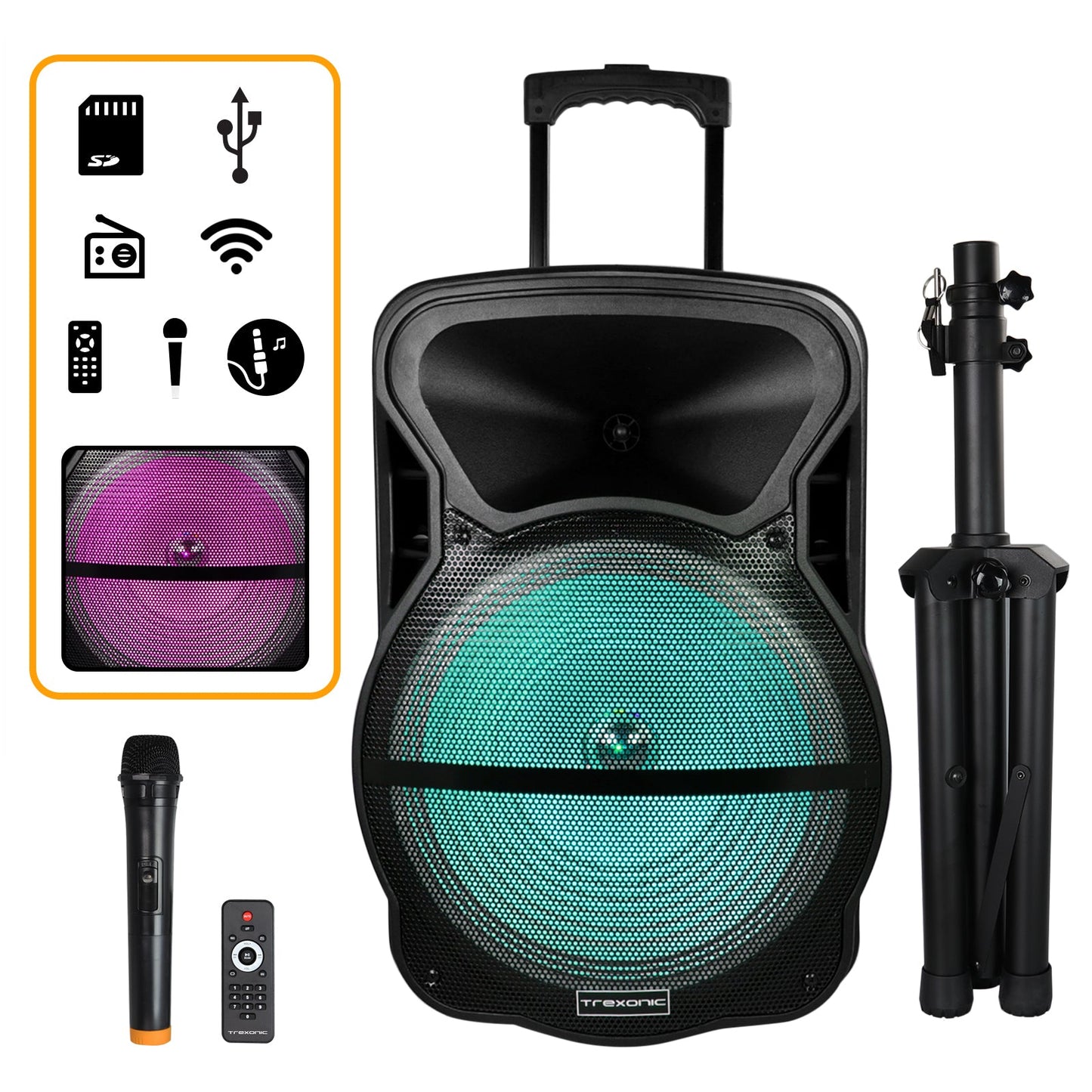 Trexonic Combination 15 Inch Bluetooth Portable Speaker and Tripod Stand with Reactive Lights, FM Radio, USB/TF Inputs, Rechargeable Battery  & Voice Broadcast W2B