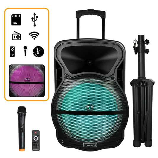Trexonic Combination 15 Inch Bluetooth Portable Speaker and Tripod Stand with Reactive Lights, FM Radio, USB/TF Inputs, Rechargeable Battery  & Voice Broadcast W2B
