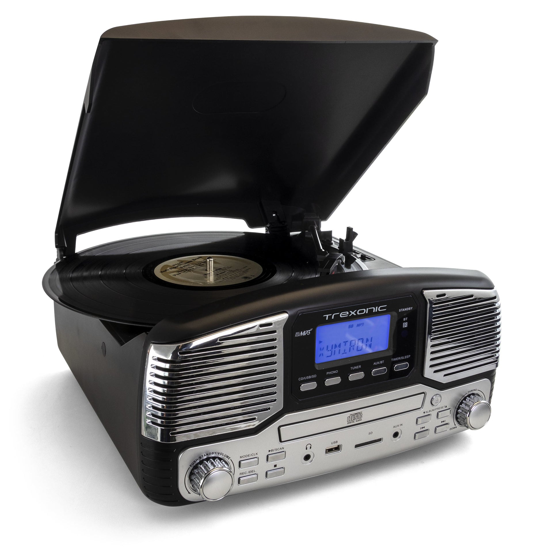 Trexonic Retro Wireless Bluetooth, Record and CD Player in Black W2B