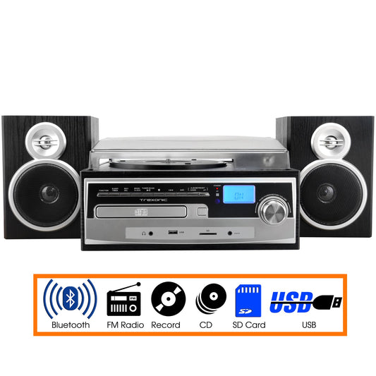 Trexonic 3-Speed Vinyl Turntable Home Stereo System with CD Player, FM Radio, Bluetooth, USB/SD Recording and Wired Shelf Speakers W2B