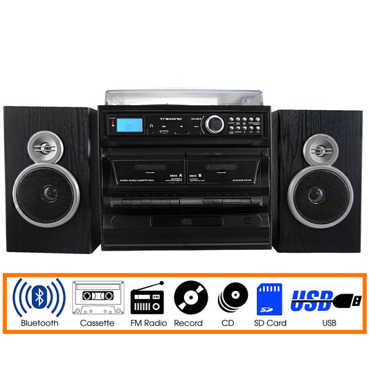 Trexonic 3-Speed Vinyl Turntable Home Stereo System with CD Player, Dual Cassette Player, Bluetooth, FM Radio & USB/SD Recording and Wired Shelf Speakers W2B