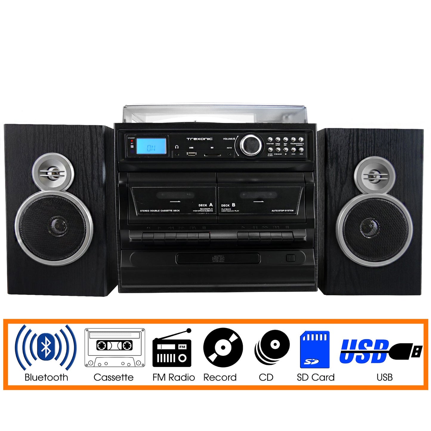 Trexonic 3-Speed Vinyl Turntable Home Stereo System with CD Player, Dual Cassette Player, Bluetooth, FM Radio & USB/SD Recording and Wired Shelf Speakers W2B