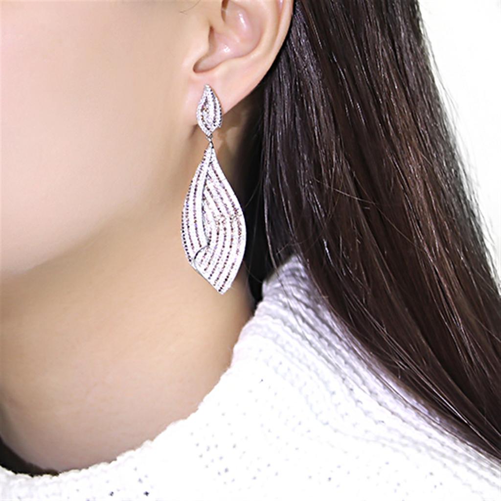 TS033 - Rhodium 925 Sterling Silver Earrings with Assorted  in Brown-2