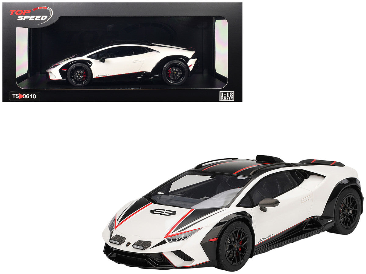 Lamborghini Huracan Sterrato Bianco Asopo White with Matt Black Top and Red Stripes 1/18 Model Car by Top Speed-4