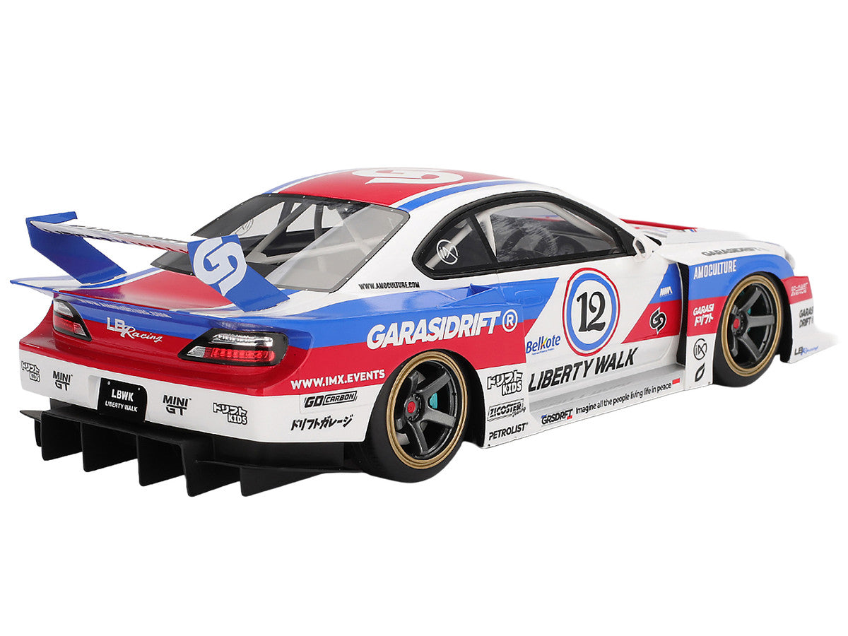 Nissan "LB-Super Silhouette" S15 SILVIA RHD (Right Hand Drive) #12 "GARASIDRIFT" White with Red and Blue Graphics 1/18 Model Car by Top Speed-1