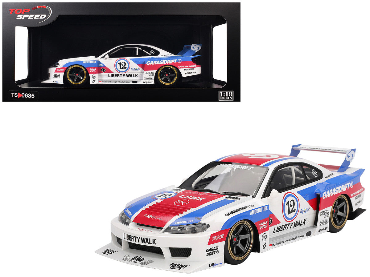 Nissan "LB-Super Silhouette" S15 SILVIA RHD (Right Hand Drive) #12 "GARASIDRIFT" White with Red and Blue Graphics 1/18 Model Car by Top Speed-4