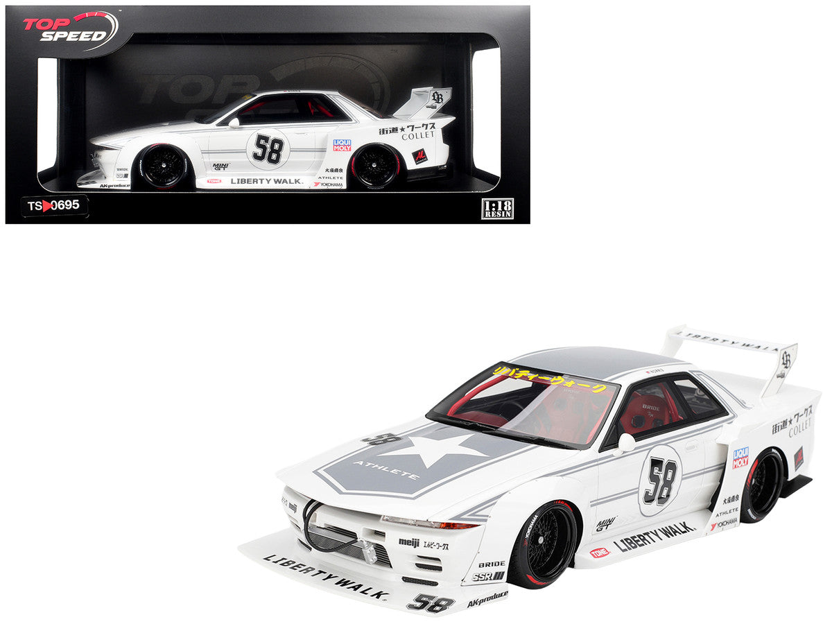 Nissan Skyline GT-R (R32) RHD (Right Hand Drive) #58 "LBWK - Kaido Works" White with Gray Stripes and Graphics "Tokyo Auto Salon (TAS) 2025" 1/18 Model Car by Top Speed Top Speed