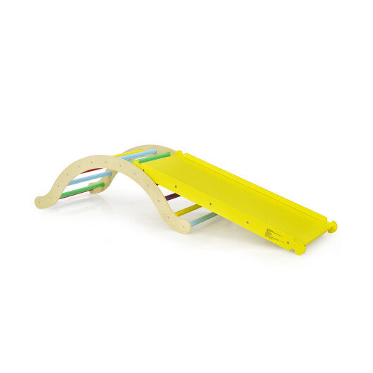 3-in-1 Kids Climber Set Wooden Arch Triangle Rocker with Ramp and Mat - Color: Yellow W2B