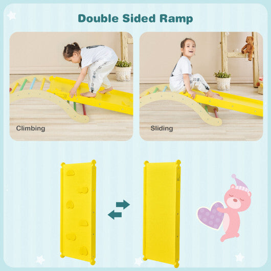 3-in-1 Kids Climber Set Wooden Arch Triangle Rocker with Ramp and Mat - Color: Yellow W2B