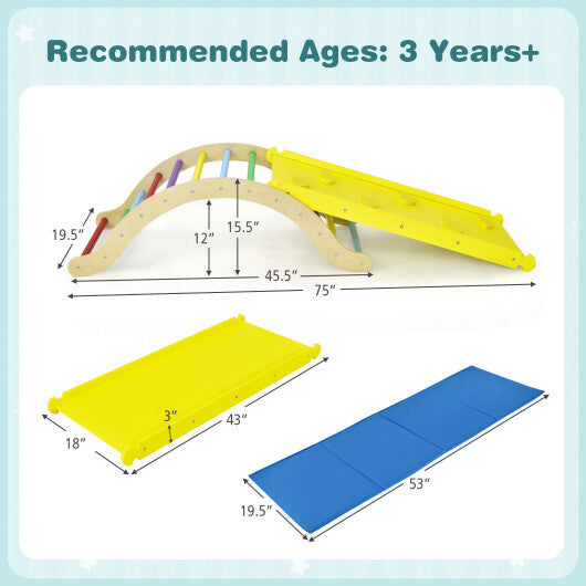 3-in-1 Kids Climber Set Wooden Arch Triangle Rocker with Ramp and Mat - Color: Yellow W2B