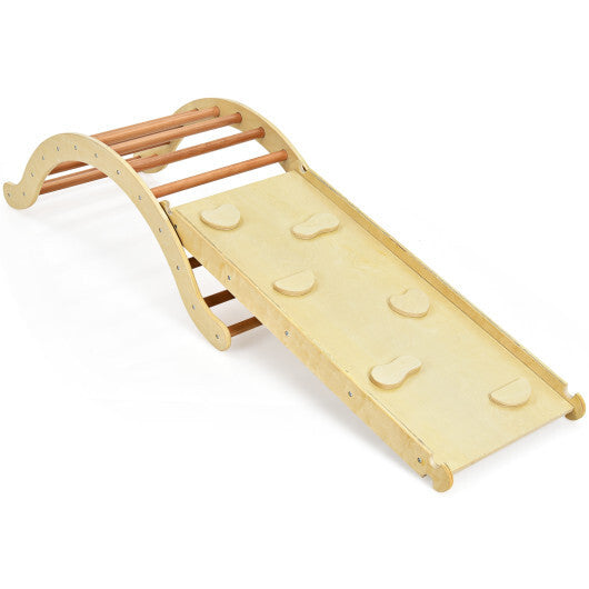 3-in-1 Kids Wooden Arch Triangle Rocker Climber Set with Ramp and Mat W2B