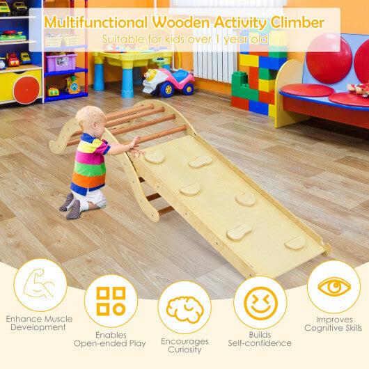 3-in-1 Kids Wooden Arch Triangle Rocker Climber Set with Ramp and Mat W2B