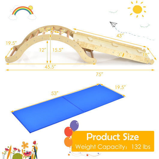 3-in-1 Kids Wooden Arch Triangle Rocker Climber Set with Ramp and Mat W2B