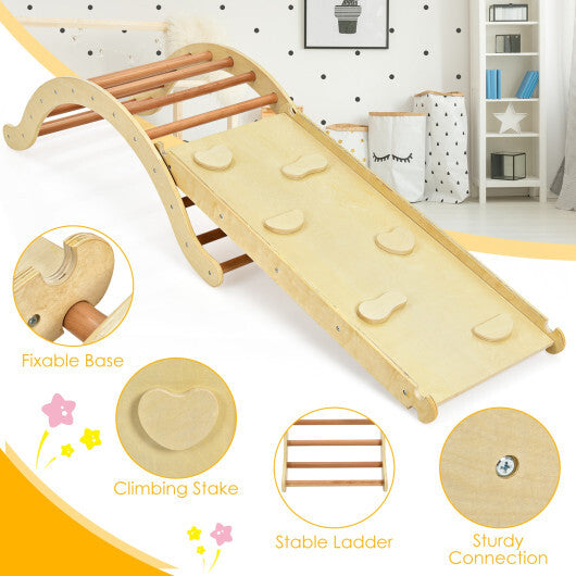 3-in-1 Kids Wooden Arch Triangle Rocker Climber Set with Ramp and Mat W2B