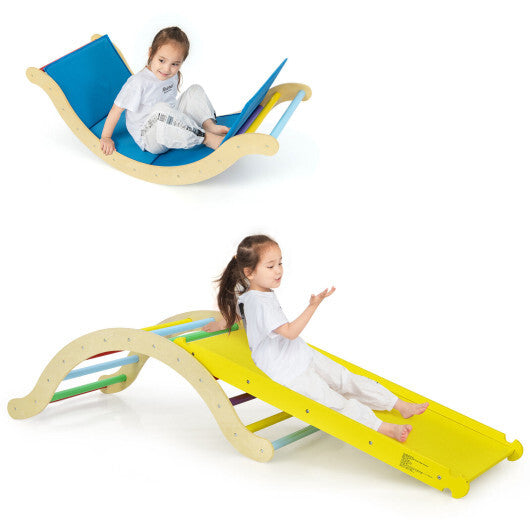 3-in-1 Kids Wooden Arch Triangle Rocker Climber Set with Ramp and Mat W2B